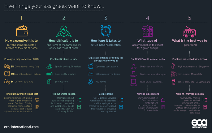 Infographic detailing five of the things assignees wish that they'd known before going on international assignment